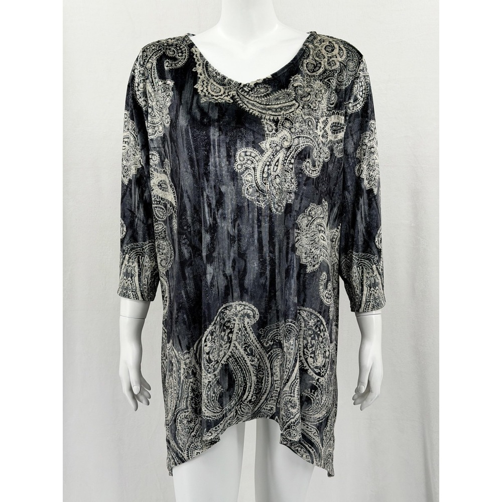 Catherines Top Womens 2X Blue Gray Paisley Velour 3/4 Sleeve Boho Mature Stretch